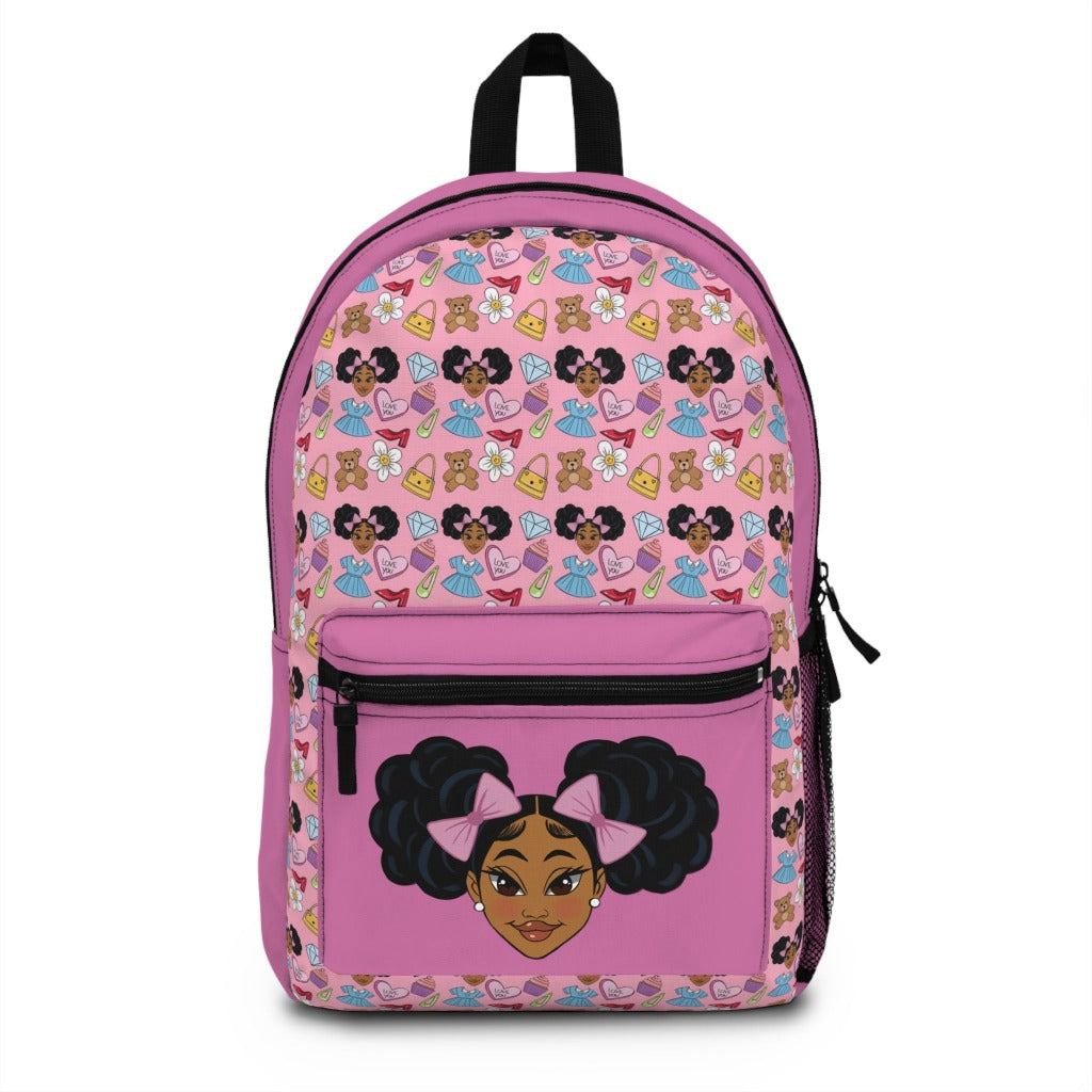 African American Girl with Afro Puffs Backpack, Color is pink