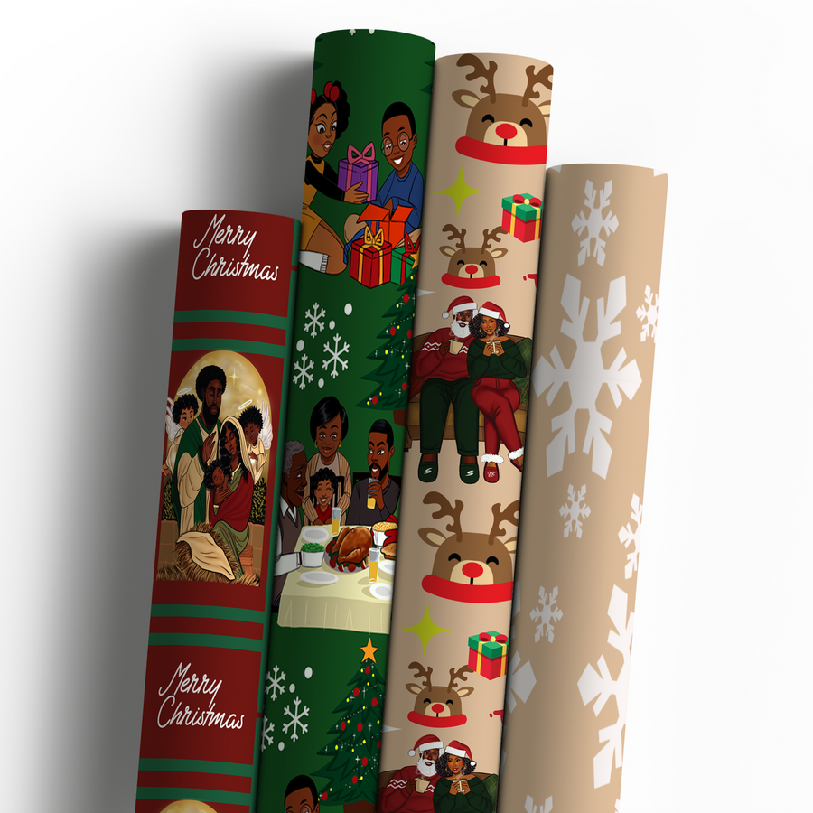 Home for the Holidays Wrapping Paper Multipack – Featuring Black Santa Claus, Mrs. Claus, and African American Elves