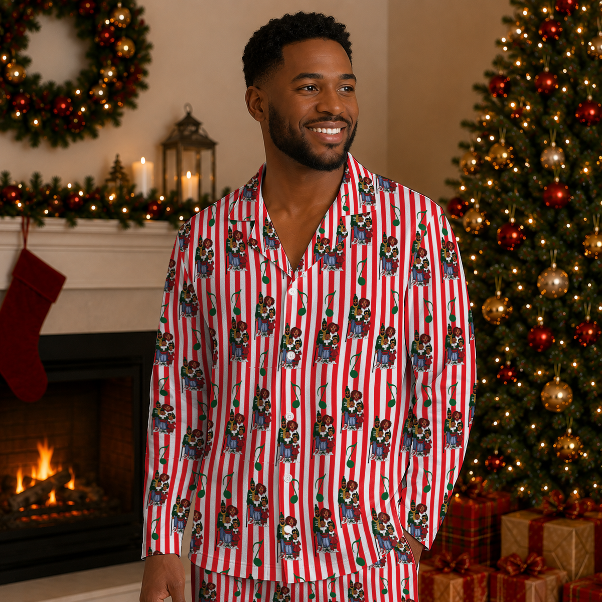 Holiday Harmony adult Christmas pajama set with Black carolers