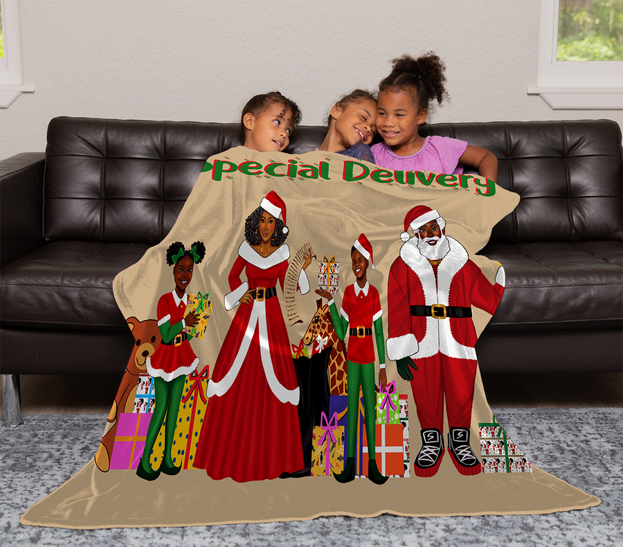 Santa's Crew Velveteen Plush Blanket (Light Brown)