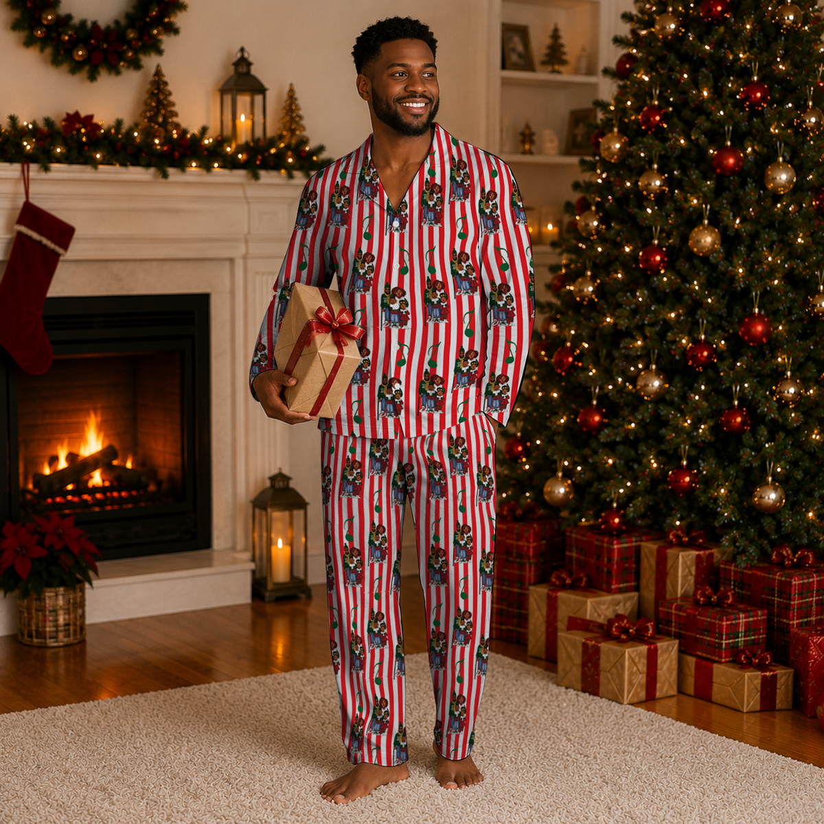 Man wearing inclusive Black Christmas caroler pajama set