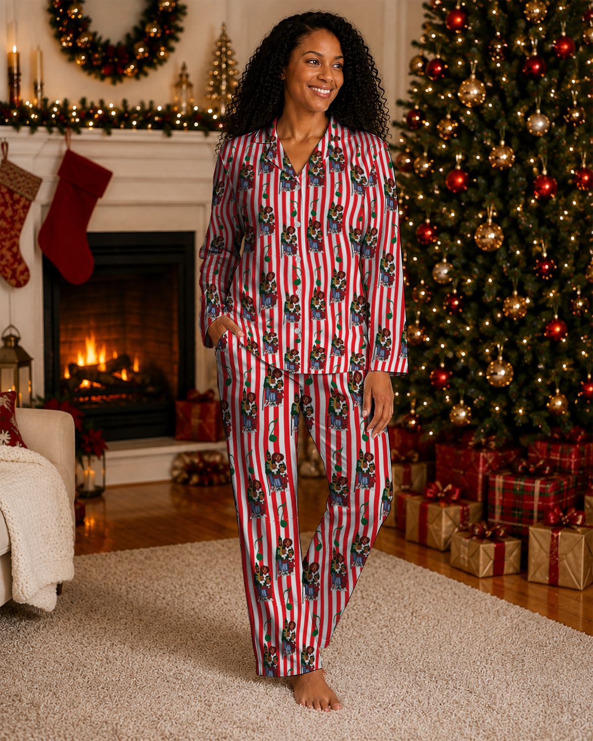 Woman wearing Holiday Harmony Black Christmas pajamas by Mah Melanin