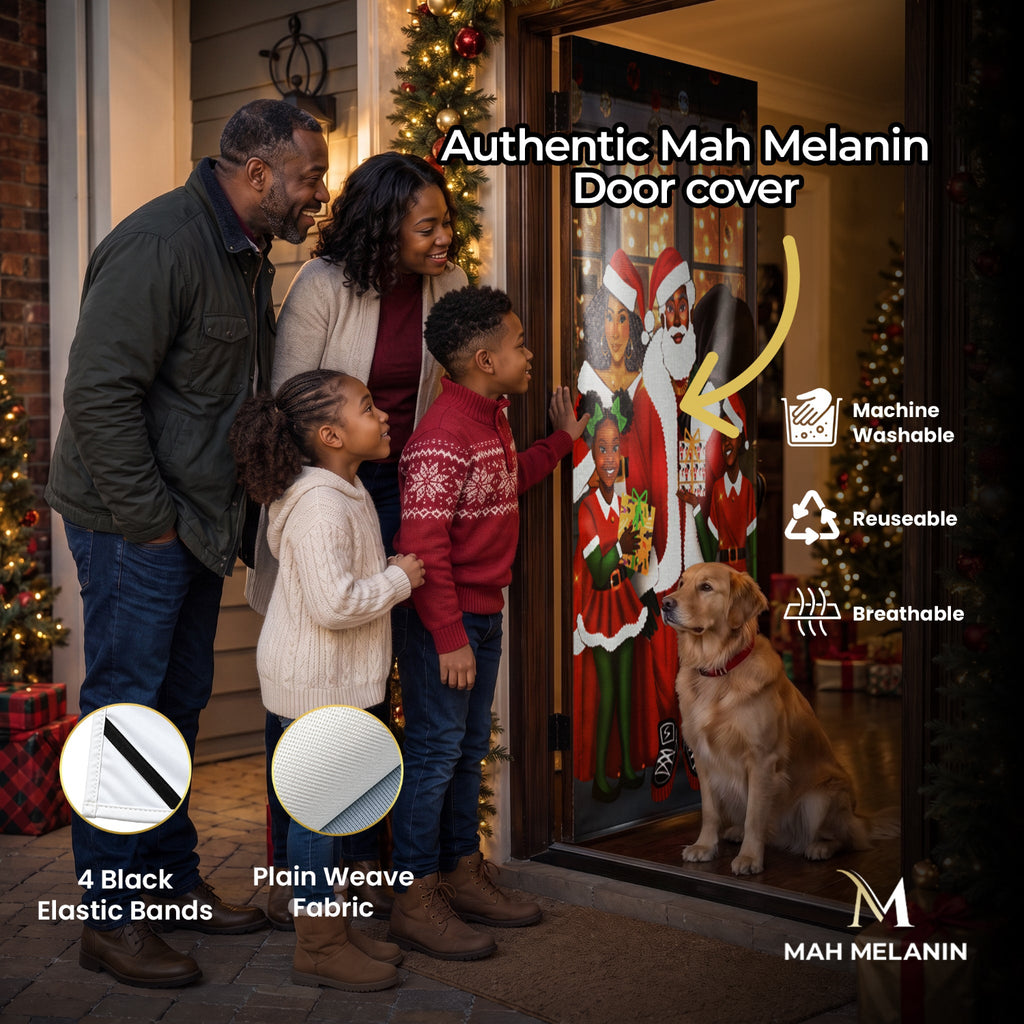 Black Santa, Mrs. Claus & Elves Christmas Door Cover – Snowy Window Scene