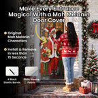 Snowy window Christmas door cover featuring Black Santa Mrs. Claus and elves