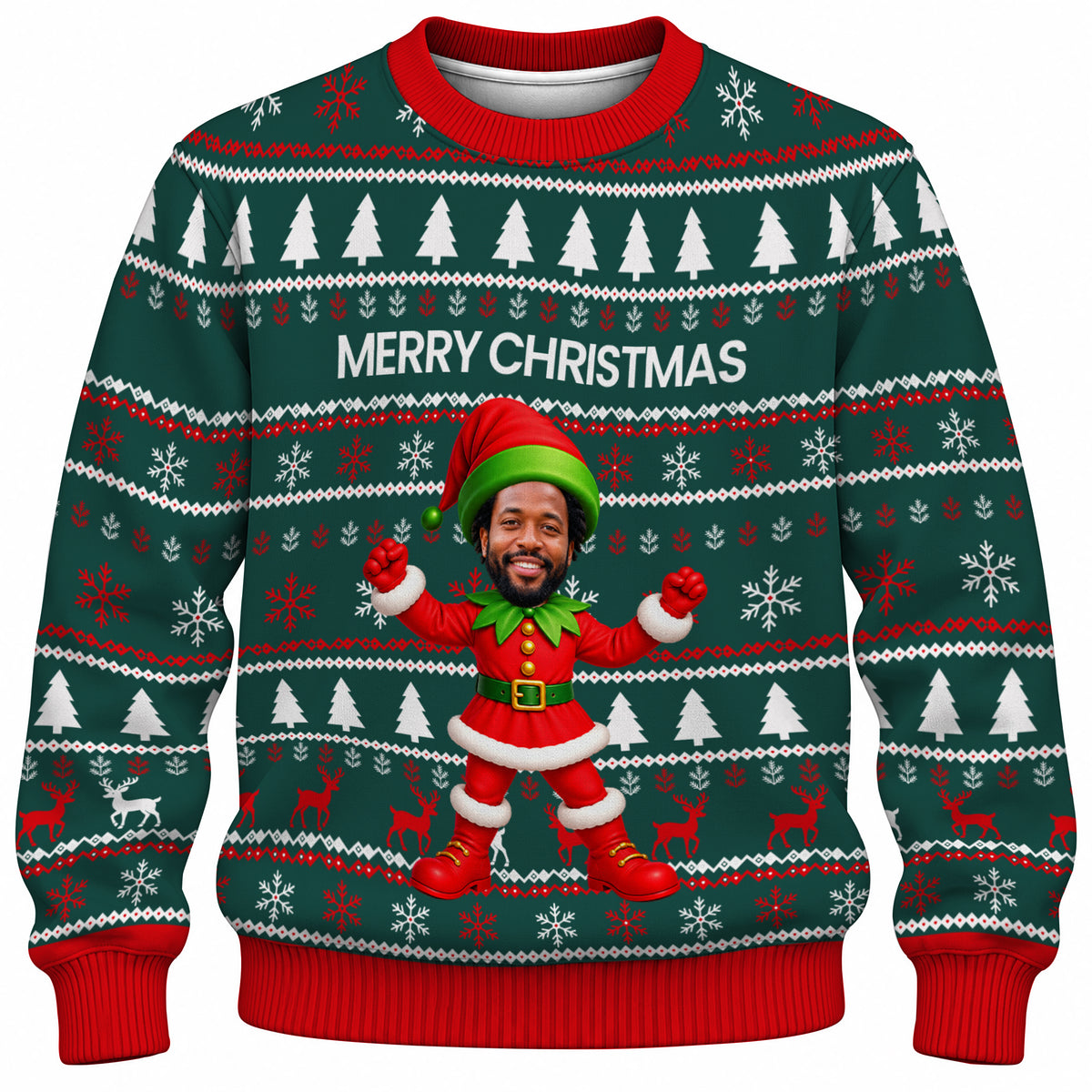 Add Your Face Christmas Elf Sweater – Green | Personalized Family Sweater