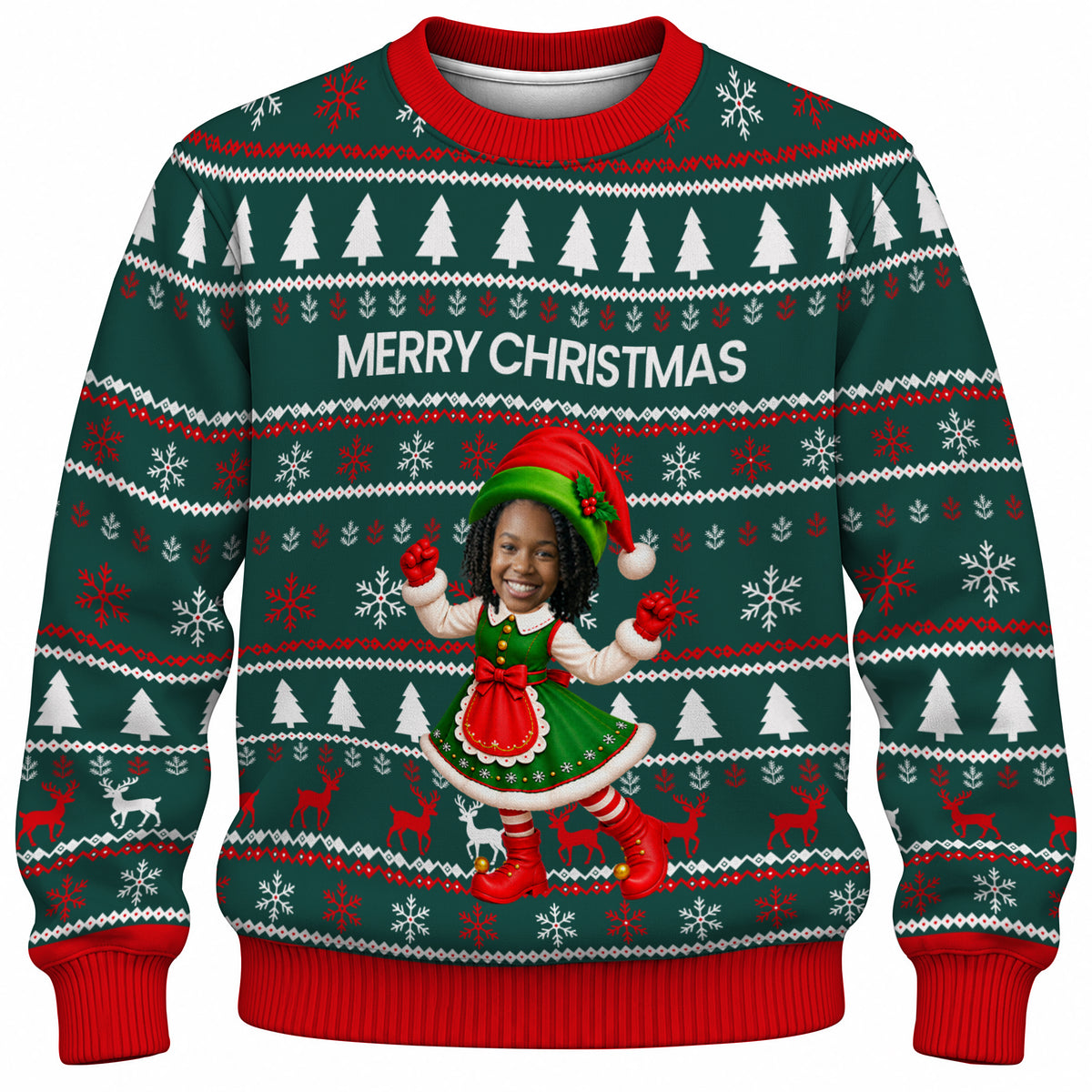 Add Your Face Christmas Elf Sweater – Green | Personalized Family Sweater