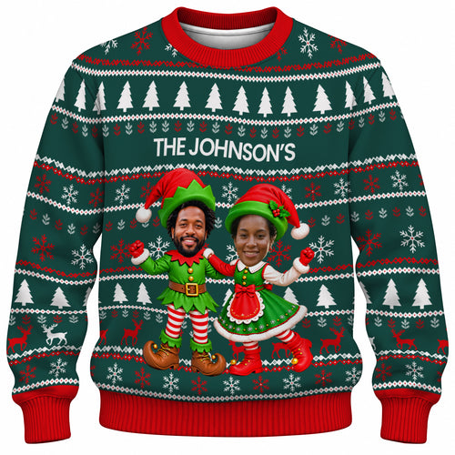 Add Your Face Christmas Elf Sweater – Green | Personalized Family Sweater