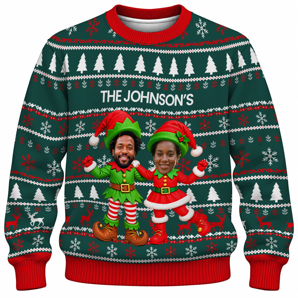 Add Your Face Christmas Elf Sweater – Green | Personalized Family Sweater