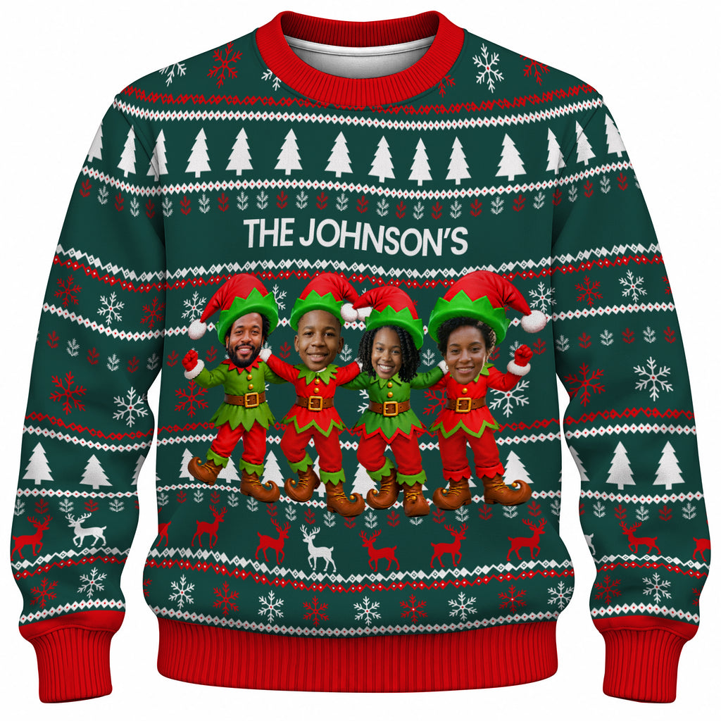 Add Your Face Christmas Elf Sweater – Green | Personalized Family Sweater