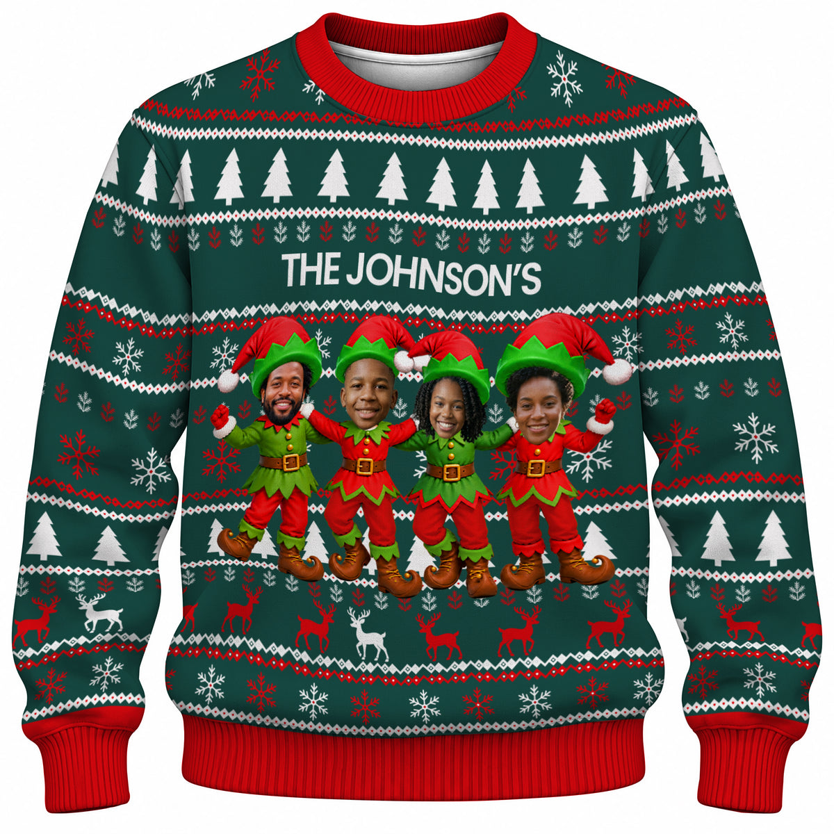 Add Your Face Christmas Elf Sweater – Green | Personalized Family Sweater