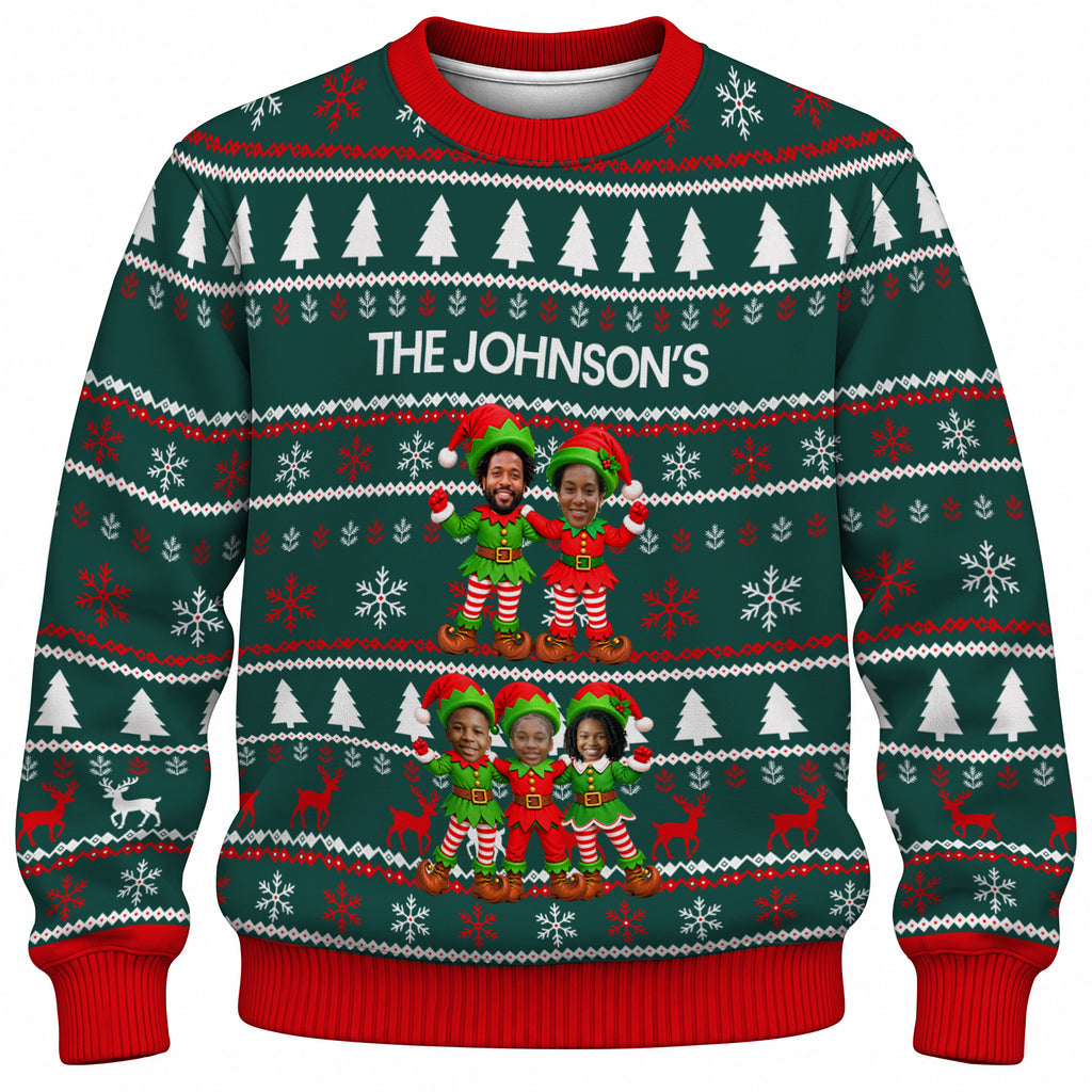 Add Your Face Christmas Elf Sweater – Green | Personalized Family Sweater