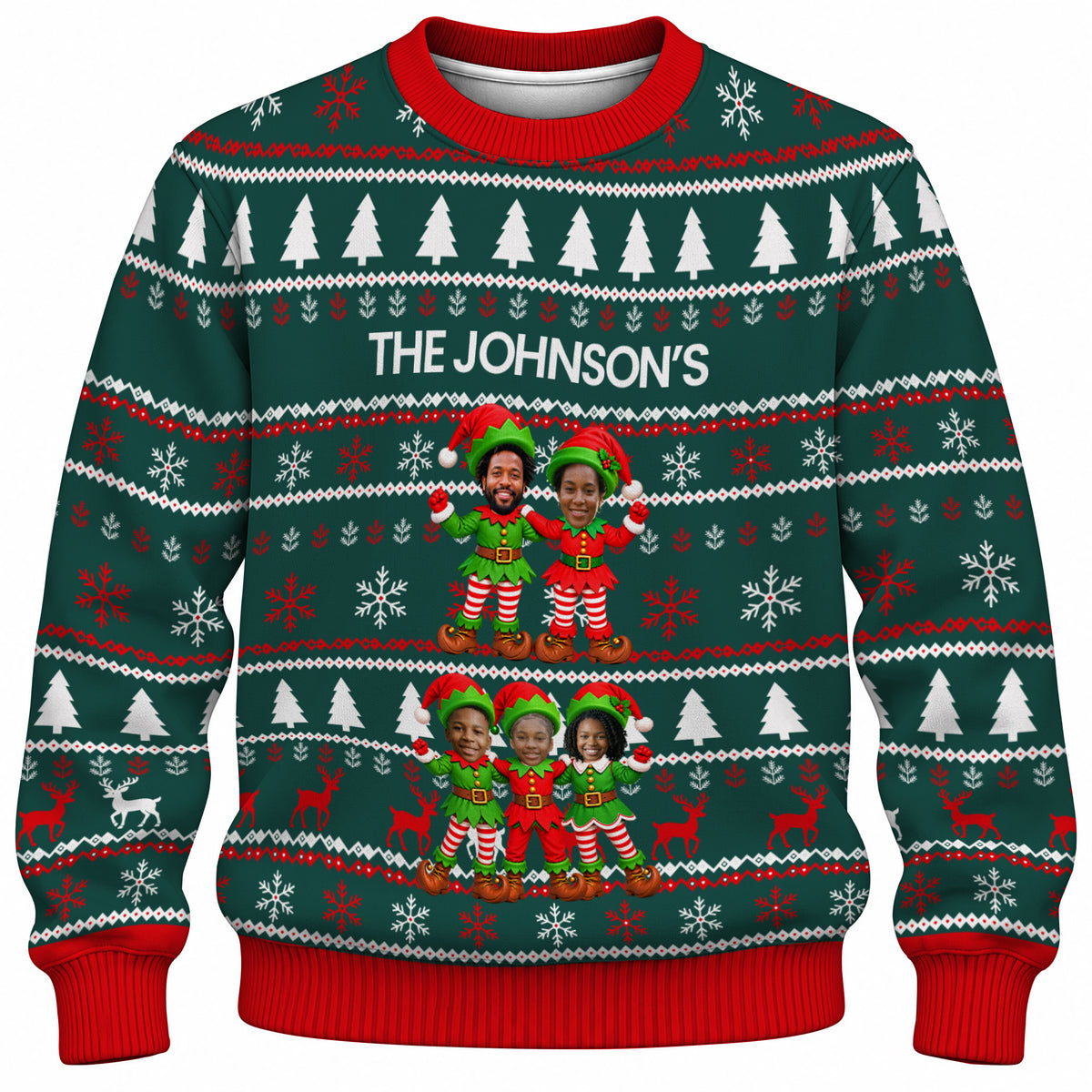 Add Your Face Christmas Elf Sweater – Green | Personalized Family Sweater