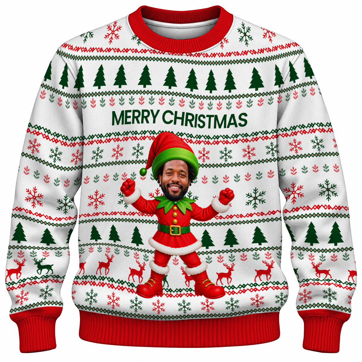 Add Your Face Christmas Elf Sweater – White | Personalized Family Sweater