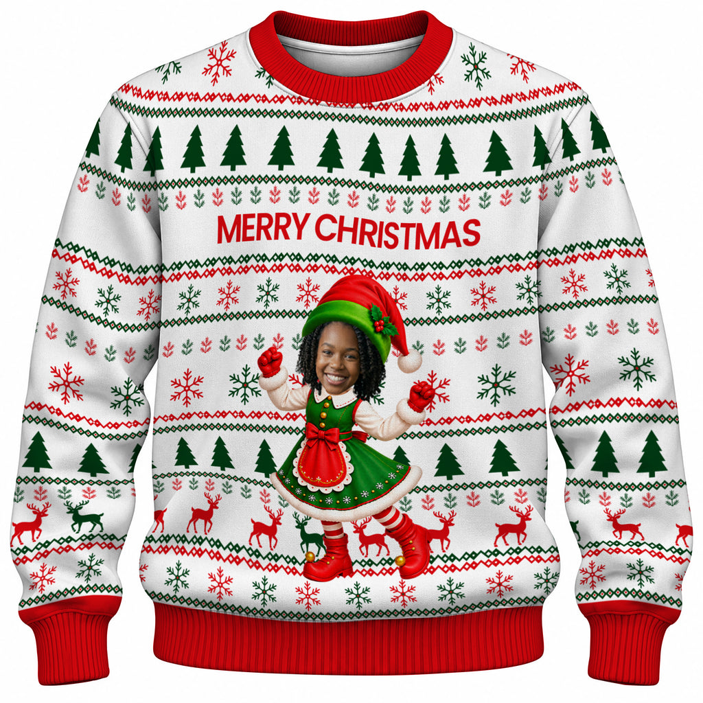Add Your Face Christmas Elf Sweater – White | Personalized Family Sweater