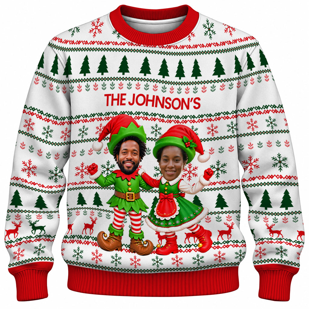 Add Your Face Christmas Elf Sweater – White | Personalized Family Sweater
