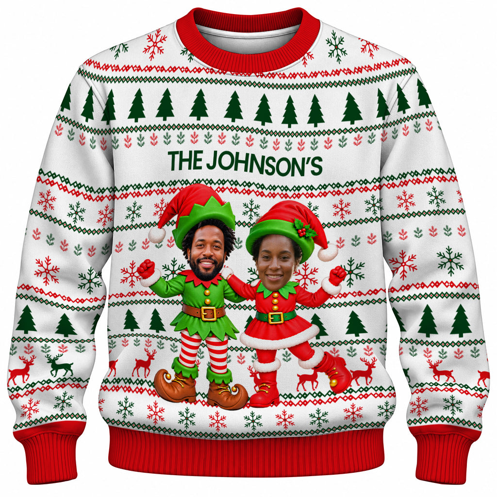 Add Your Face Christmas Elf Sweater – White | Personalized Family Sweater