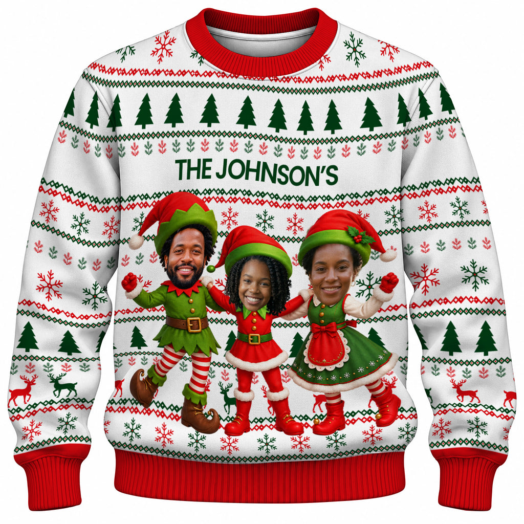 Add Your Face Christmas Elf Sweater – White | Personalized Family Sweater