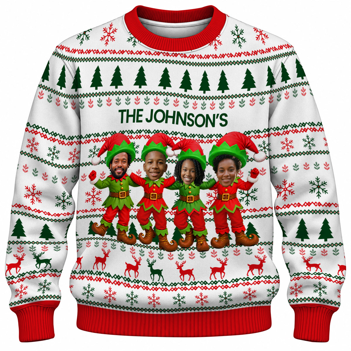 Add Your Face Christmas Elf Sweater – White | Personalized Family Sweater